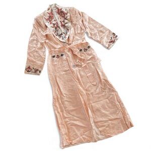Vintage Peach Pink Asian Silk Embroidered Robe with Sash - Silk Lined Kimono